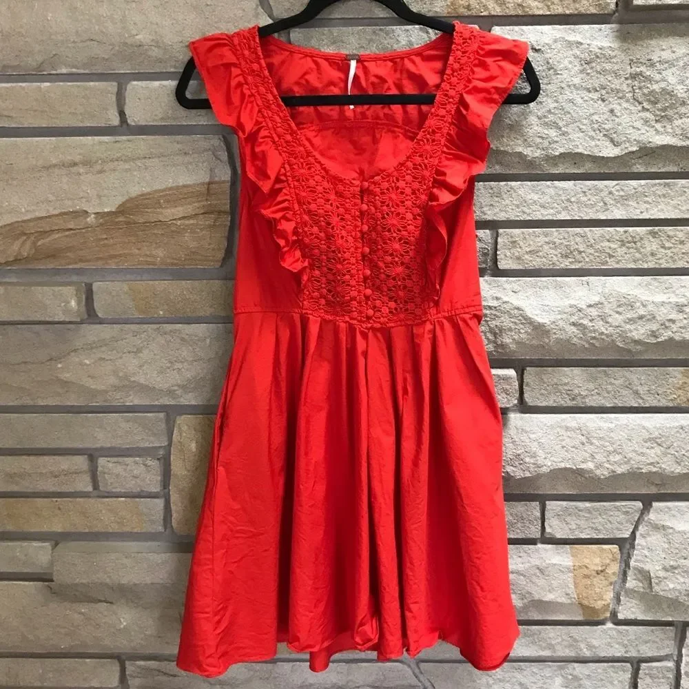 Free People Half Moon Ruffle Mini Dress Fit Flare Red Orange Small Valentines